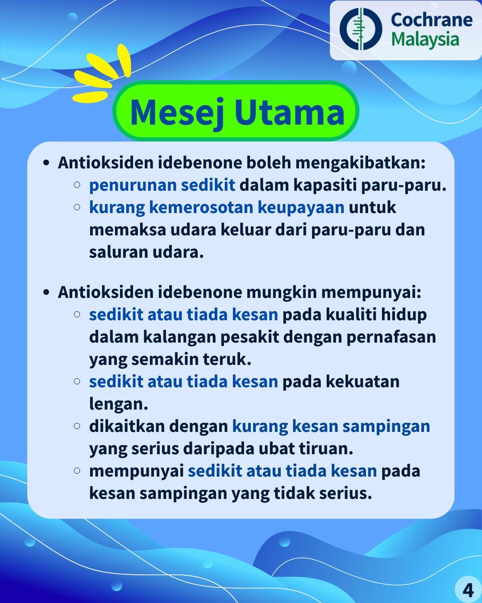 📜Ulasan “Antioksidan untuk mencegah kemerosotan pernafasan pada penghidap distrofi otot Duchenne” menyertakan 2 kajian dengan 321 kanak-kanak lelaki.
📌Ulasan penuh: dub.sh/3dskFA5
#CochraneMalaysia  #WorldDuchenneAwarenessDay  #cochranereviews #systematicreview