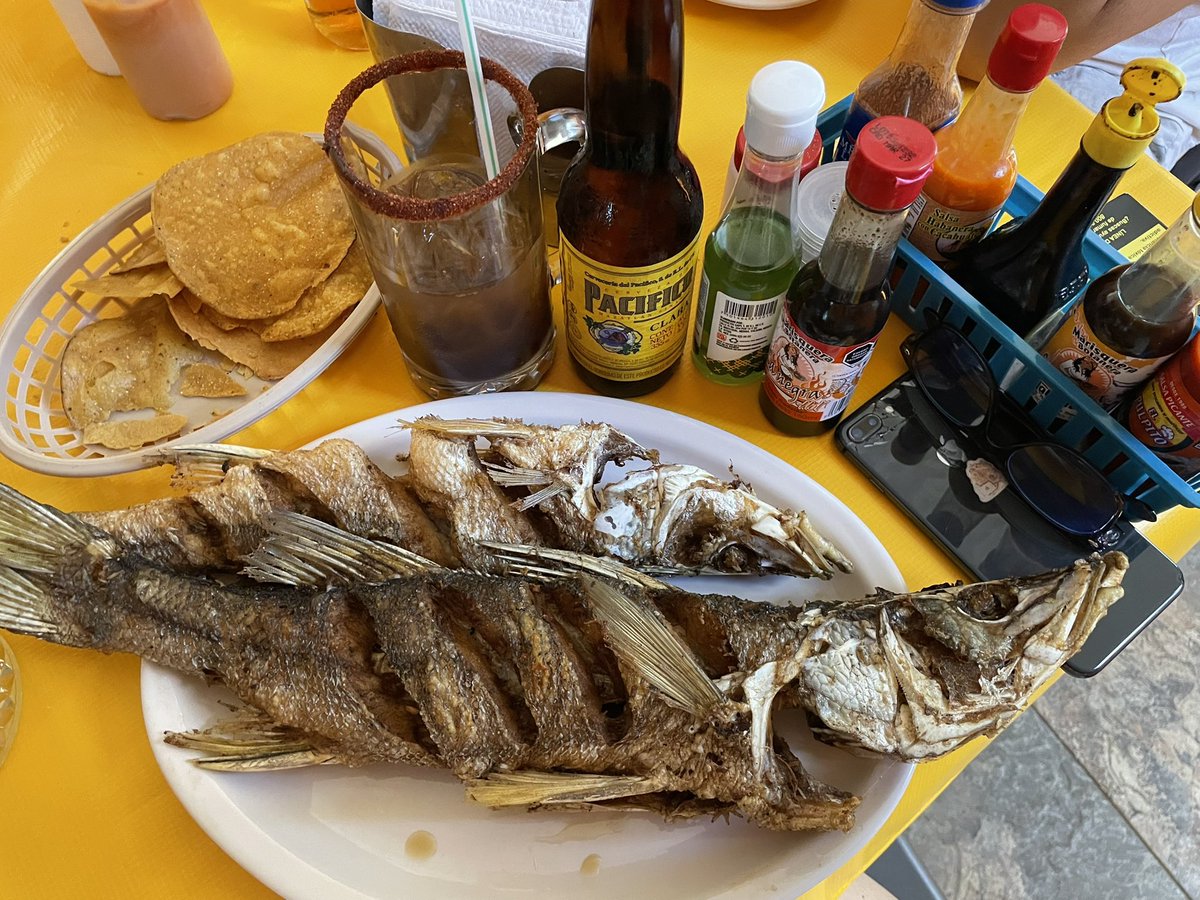Delicioso ceviche de pulpo de entrada y para comer pescado frito, no había boquinete así que fue róbalo 👌🏼

En Tiburcio Tiburón🦈

🍻🦐🐟🥗🐙🐠🍻

#SábadoAlegre
