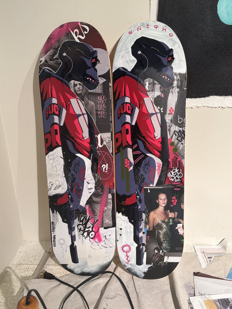 Two wetiko style <a href="/Primatesnft/">Primates🌿</a> skateboard decks created at <a href="/solanaspaces/">Solana Spaces</a> x <a href="/spenders_club/">Digital Spenders Club</a> event in LA