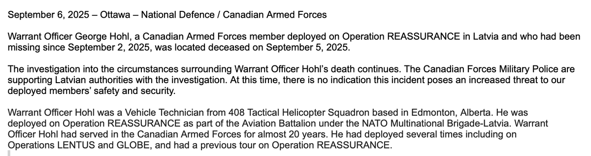 Canadian Forces member missing in Latvia found dead...details below from DND: