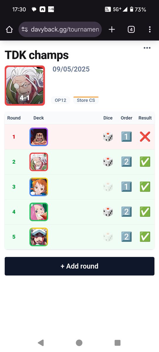 10th TDK Store Championships

Played Rayleigh.

My loss to UP Luffy was my bad plays. I think I swung bad numbers and didn't keep a board really. Next time I'll get the invite 😡