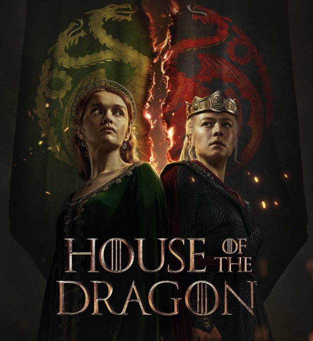 A golden Emmy statuette with a winged figure holding an atom, illuminated by blue and purple light beams. The word "EMMYS" in gold text is above the statuette. Below, two characters, Rhaenyra Targaryen and Alicent Hightower, stand in front of a divided banner with dragon sigils, one green and one red, with the text "HOUSE OF THE DRAGON" in stylized silver letters.