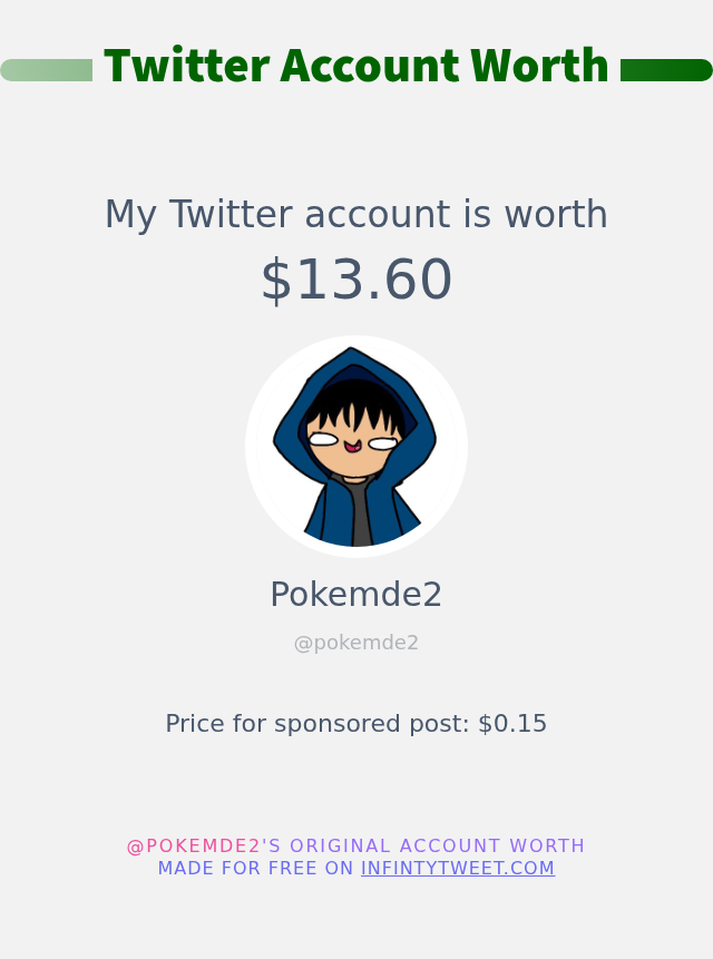 pokemde2's tweet photo. My Twitter worth is: $13.60

➡️ https://t.co/eXh4Sv4Ggs https://t.co/RZCAWRUHJ9