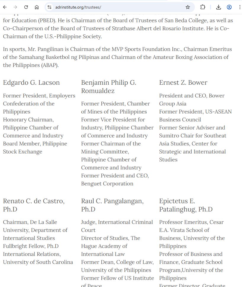isa sa mga board of trustee ng adr stratbase ay
si benjamin philip romualdez. chairman nila si MVP

isa rin sa trustee ay si raul pangalanan ng ICC.

dapat kita na ninyo. 🤭

adrinstitute.org/trustees/