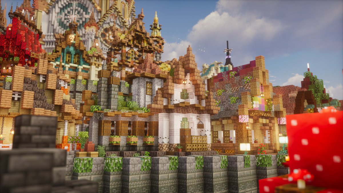 #ナナメ屋根研究会 #Minecraft #Minecraftbuilds 
いろんな角度から街を眺める👀
どこを見ても魅力いっぱいです！
お写真は安心と信頼のpicさん🐷♥