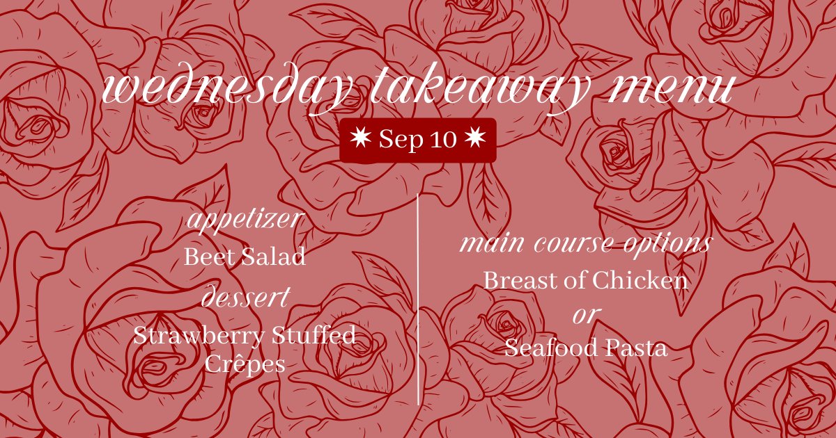 Turn your mid-week date night into a luxurious picnic!  

🥀

Ready-to-eat. Order by 5p Tue for pickup on Wed between 5p-6p. 3-course takeaway includes an appetizer, main &amp; dessert. Each item also available individually.

Menu options change weekly.   
🔗 oldsurreyrestaurant.ca/wednesday