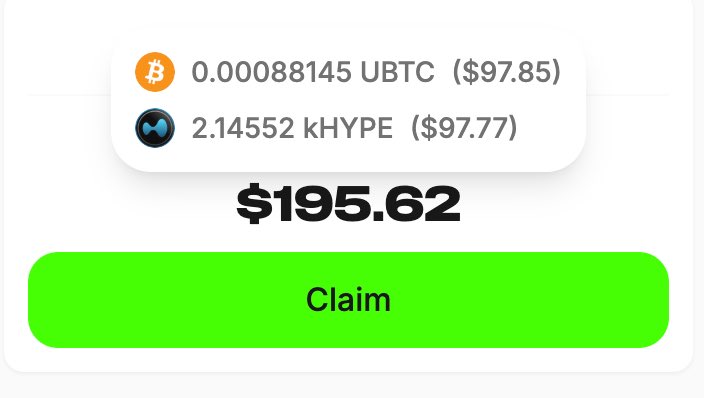 0.00088145 UBTC($97.85)와 2.14552 kHYPE($97.77)를 보여주며 합계 $195.62가 초록색 Claim 버튼으로 클레임 대기 중인 Hyperliquid DEX 클레임 인터페이스 스크린샷