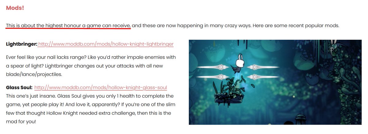 Esto es lo que Team Cherry opinó de los mods cuando los empezaron a sacar para Hollow Knight

"El mayor honor que un juego puede recibir"

Sin embargo ves a un montón de hollowbros llorar porque los mods "no son la visión original del juego"
