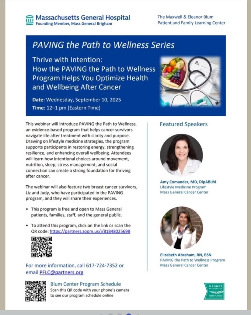 Join the MGH Blum Center's PAVING the Path to Wellness webinar series for cancer survivors &amp; loved ones! 🌟 Kickoff 9/10, 12pm ET: "Thrive with Intention." Learn evidence-based lifestyle medicine to optimize health post-cancer. Open to all! 💪 #CancerCare #Wellness 🩺