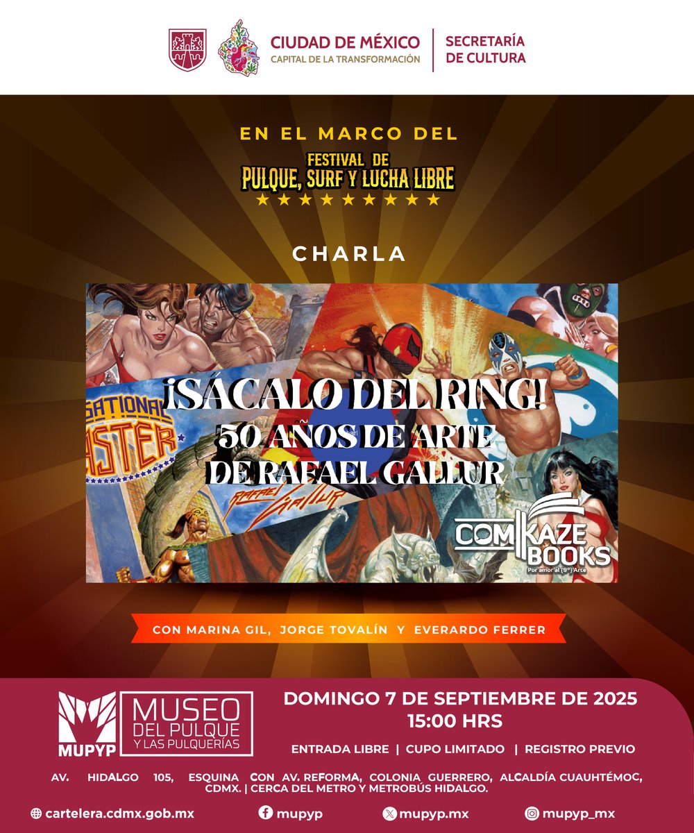 💪 Este domingo nos toca dar una charla (esperamos que amena) sobre la carrera del gran #RafaelGallur, a una sola caída, y en el marco del Festival del Pulque, Surf y Lucha Libre, en el <a href="/mupyp_mx/">MUPYP</a> - Museo del Pulque y las Pulquerías. ¡Los esperamos, a unos pasos de Metro Hidalgo!