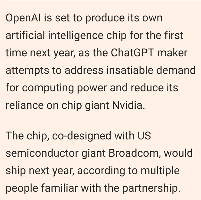 dalyadalya700's tweet photo. THIS IS BIG  openAI has decided to mass-produce its own AI chips  this is a high-risk, high-reward move.  openAI wants to stop spending huge amounts on Nvidia GPUs, similar to Google’s TPU strategy  now the main challenge is the heavy upfront cost and the risk of failure https://t.co/qrMHeAdBfd