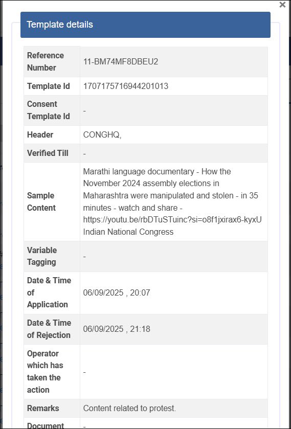 1: <a href="/INCIndia/">Congress</a> wanted to send a sms to its Maharashtra cadre of the link to the YouTube documentary ‘How the MH 2024 election was stolen’ - youtube.com/watch?v=rbDTuS…
2: As per govt process, application was filed with TRAI, telecom regulatory authority for approval
3: TRAI rejects