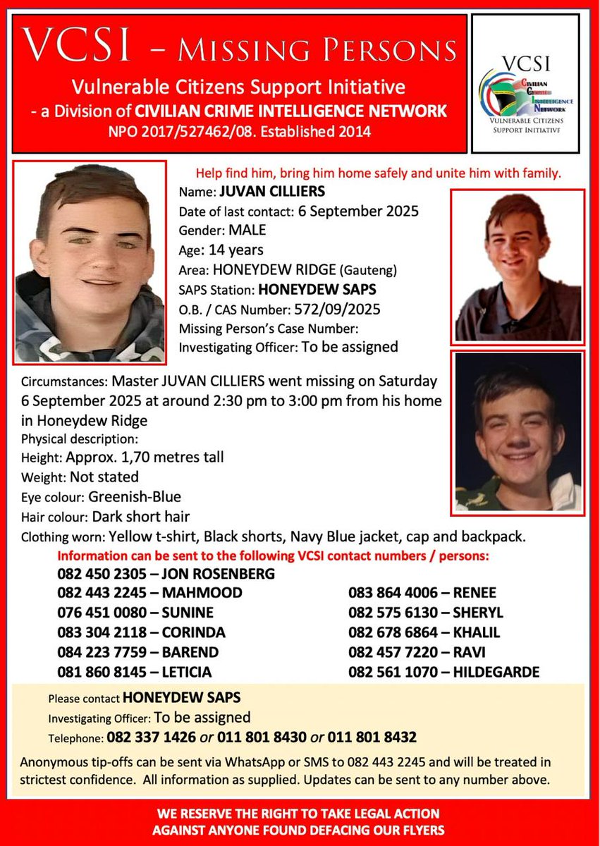 SCP_SECURITY's tweet photo. 🚨 MISSING PERSON ALERT 🚨

A search has been launched for a missing individual. 

🔷 If you have any information that may assist, please contact SAPS or your nearest security provider immediately.

#MISSING #VCSI #COMMUNITYSAFETY #CRIMEALERT https://t.co/HCl2JQnbFv