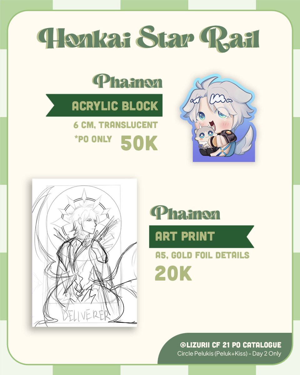 lizuriii's tweet image. [🔄 &amp;amp; 💙 are appreciated] 

Lizurii's CF21 Preorders are finally here! 
🔗 forms.gle/hQE5BLUcFrvJgp…
📌 PELUKIS (Peluk+Kiss) - Day 2 ONLY (Sun), Booth number TBA
💌 Pick Up only
📅 7 Sept - 30 Sept 
⭐ By the Beat, Honkai Star Rail, Arcane, Genshin, CSM

#cf21catalogue #CFXXI (1/2)