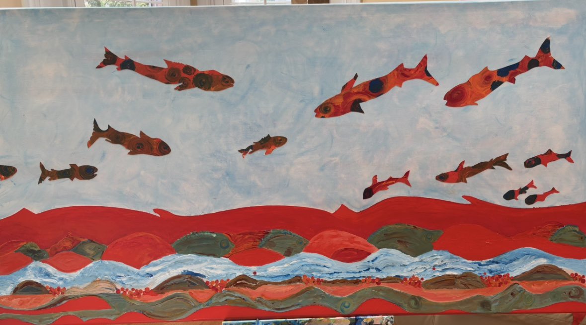 Salmon Run  68x42 acrylic 
Fish painted and cut out from canvass and glued on (eggs 2)
<a href="/met_modernart/">The Met: Modern and Contemporary Art</a> <a href="/PopArt/">Pop Art, Inc.</a> <a href="/artistwarhol/">Andy Warhol</a> @ModernArt @ArtShare <a href="/ContemporARToP/">ContemporaryArtToP</a>