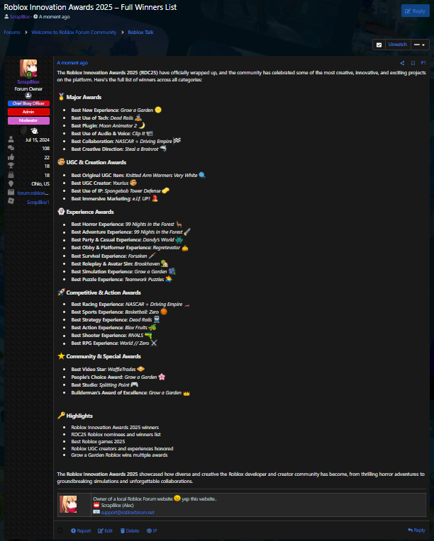RobloxiaOrg's tweet image. 🏆 Missed an award at the Roblox Innovation Awards 2025? Check out the full list of winners and celebrate the best experiences, creators, and games!
🔗 forum.robloxia.org/threads/roblox…
#Roblox #RDC25 #RobloxDev #RobloxDevs #RobloxArt #RobloxUGC