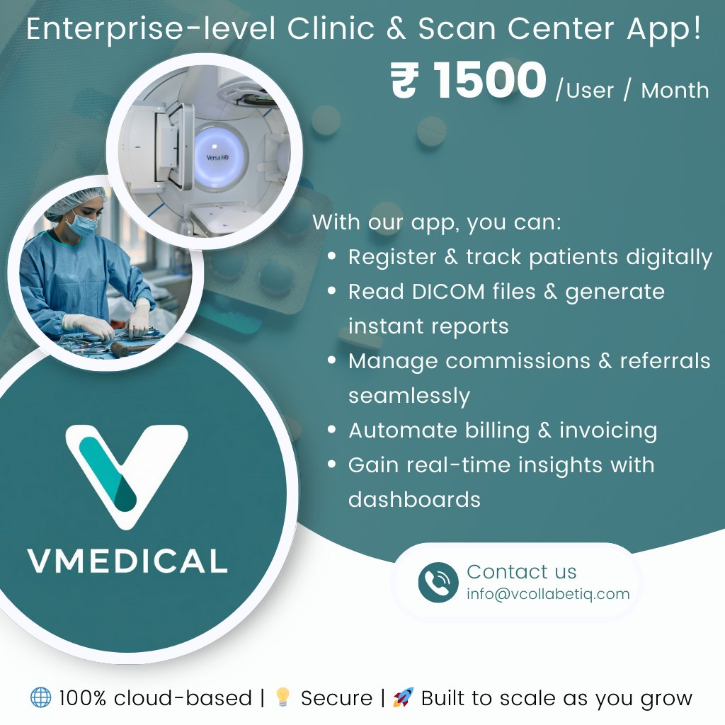 vCollabetiq's tweet photo. Introducing vMedical – Cloud-based platform for Clinics &amp; Scan Centers. Manage patients, DICOM reports, billing, referrals &amp; insights—all in one place. Just ₹1500/user/month. 
#vMedical #HealthcareTech #PACS #DICOM #DigitalHealthcare #ClinicManagement https://t.co/s99IL0dPXx