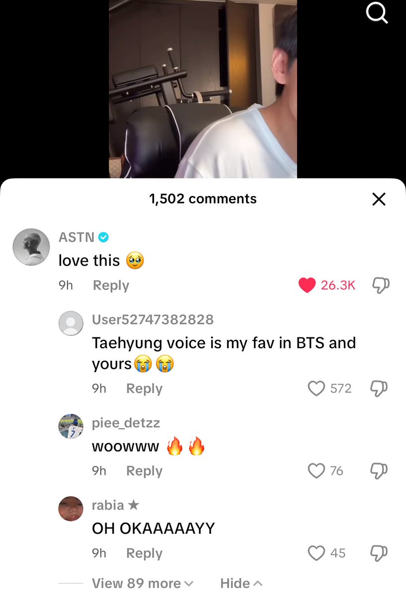 ASTN commented on a TikTok of Taehyung singing along to his song, Happier than Ever

👤love this🥹

🔗 vt.tiktok.com/ZSATTw5gH/?_ia…
