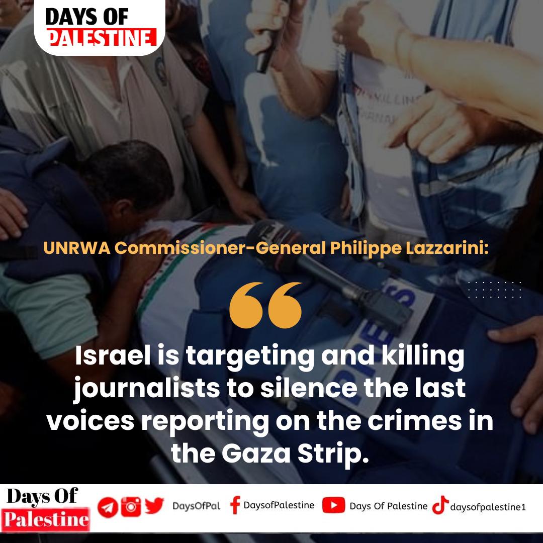 🚫UNRWA Commissioner-General Philippe Lazzarini:

▪️Israel is targeting and killing journalists to silence the last voices reporting on the crimes in the Gaza Strip.

▪️I call on Arab countries to use political and economic means “to stop what is happening in Gaza.”