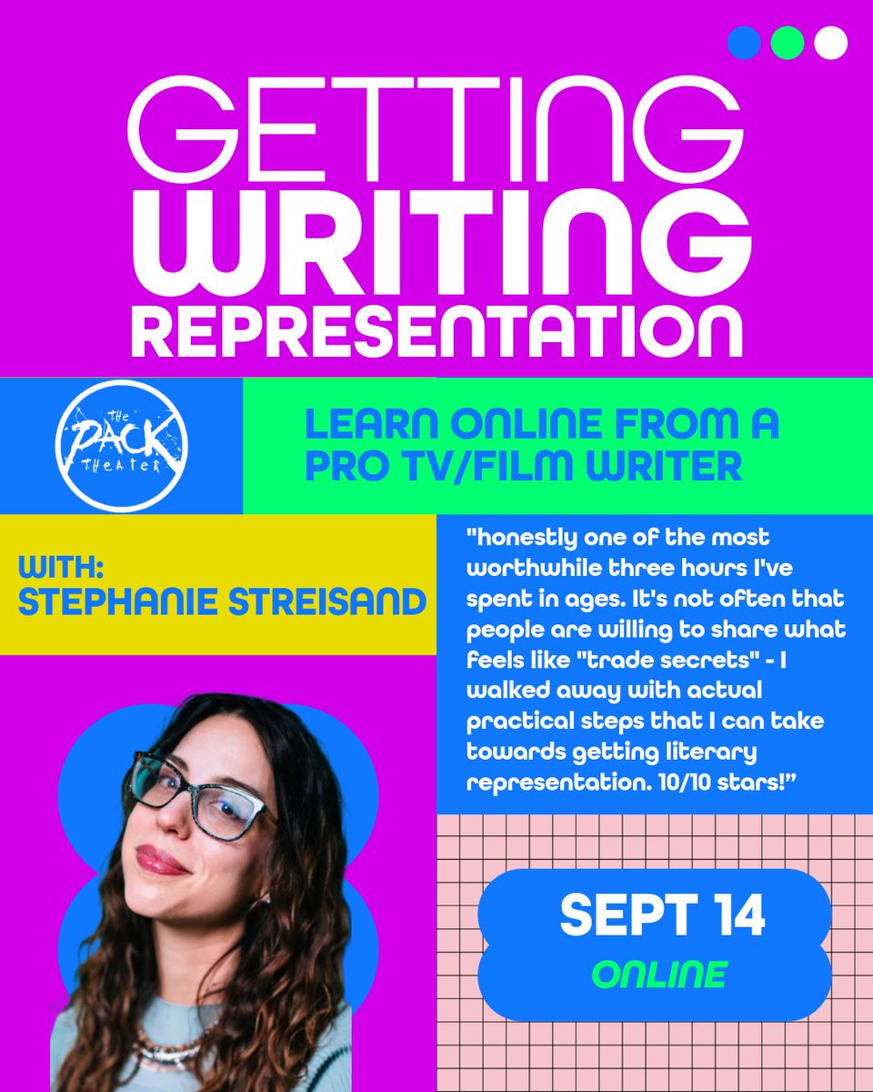 PackTheater's tweet image. You wrote the sample. Do not let it sit on your computer forever. This class shows you how to get it read. September 14 Online, sign up today at: bit.ly/4noyElt 

#scriptwriters #tvwriters #screenwritingworkshop #writerscommunity #packtheater