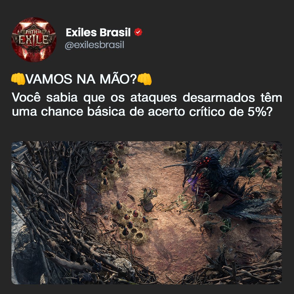 exilesbrasil's tweet photo. 🔥 DESARMA E ENCARA! 🔥
No PoE2, ir no punho não é só coragem… é chance de crítico!
Quem ai entra no mapa na brutalidade?
#poe2 #pathofexile2 #patch03 https://t.co/nt1l5s8Q6e