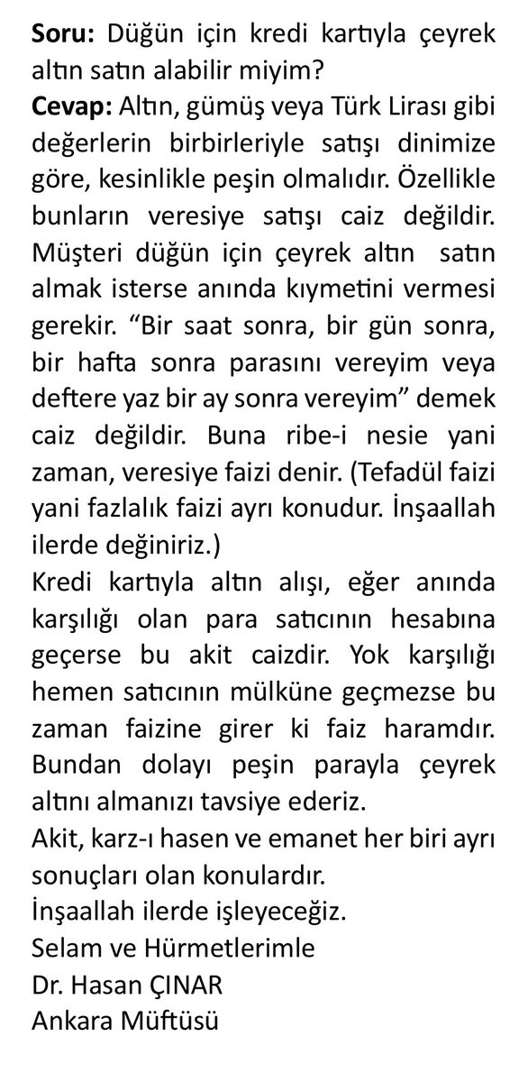Soru: Düğün için kredi kartıyla çeyrek altın satın alabilir miyim?