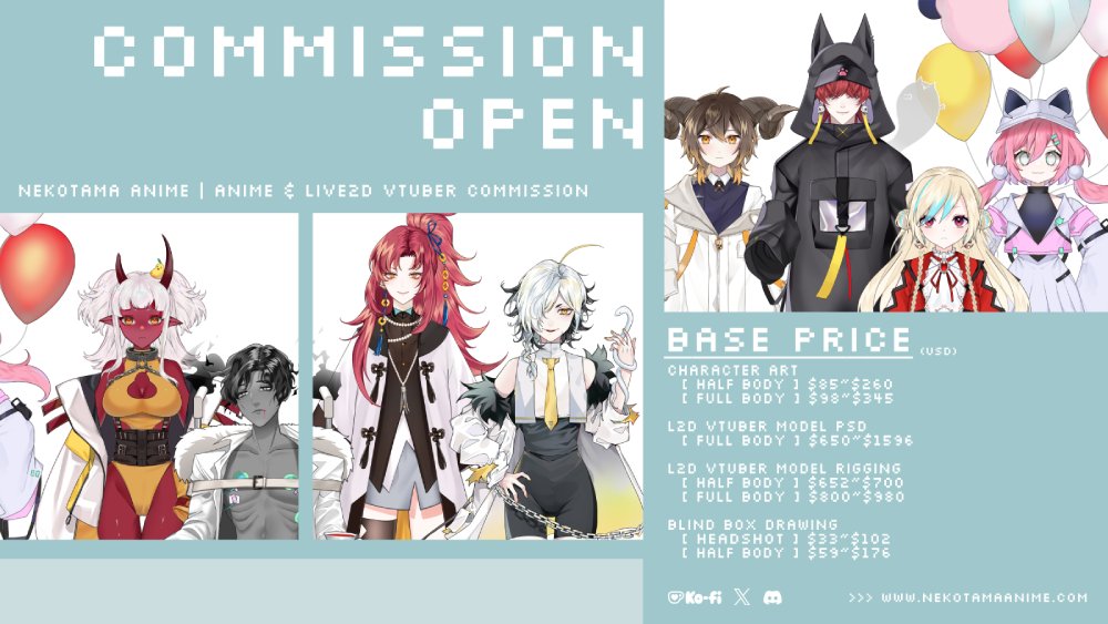 📢 September Commission OPEN! 📢

[ Available Artists ]
🖌️ Jin Amber 🖌️ LeslieVernon 🖌️ LinD 
🖌️ Nyacifer    🖌️ NYACO33      🖌️ Silvertang

[ Available Riggers ]
👩‍🔧 Noir Tea   👩‍🔧 EmuKz

👉 Commission Info: nekotamaanime.com

🛒 Vtuber Assets: nekotamaanime.com/shop