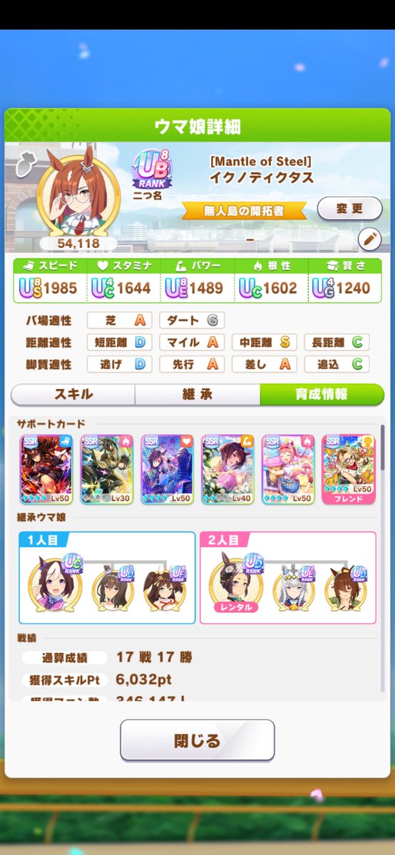 【ウマ娘】やっと評価更新！初めてのUB8超えはイクノさんでした。遂にUAが見えてきた！？サポカの割に頑張ってるはず…