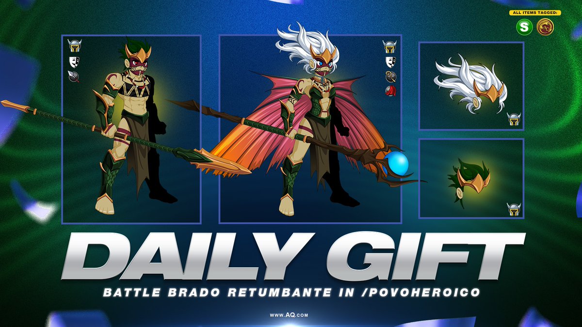 Feliz dia da independência, heróis brasileiro! Sunday's Daily Gifts are now available for everyone to collect. Battle Brado Retumbante in /povoheroico to collect all the 0 AC items. 🇧🇷 #AQWDailyGift AQ.com