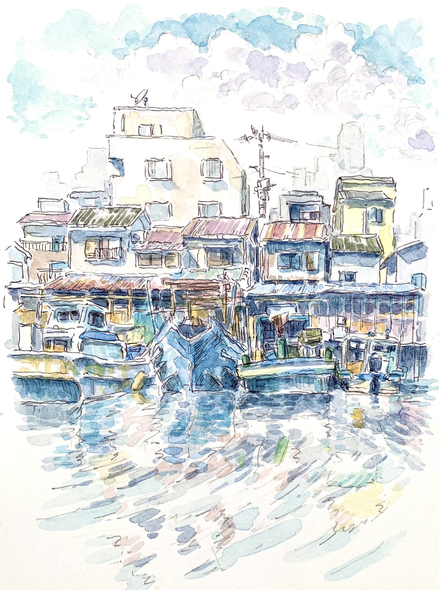 水彩画　横浜の子安運河　　F6 水彩画 横浜の子安運河 F6 水彩画 横浜の子安運河 F6