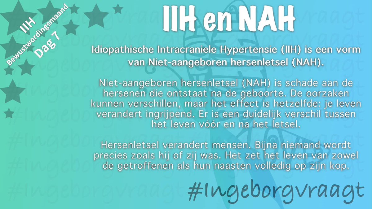 Wist je dat Idiopathische Intracraniële Hypertensie (IIH) een vorm is van Niet-aangeboren Hersenletsel (NAH)? 🧠 #IngeborgVraagt

Hersenletsel verandert mensen. Hoe ga je verder als je nooit meer dezelfde bent? Wat betekent dit voor de mensen om je heen? #IngeborgVraagt