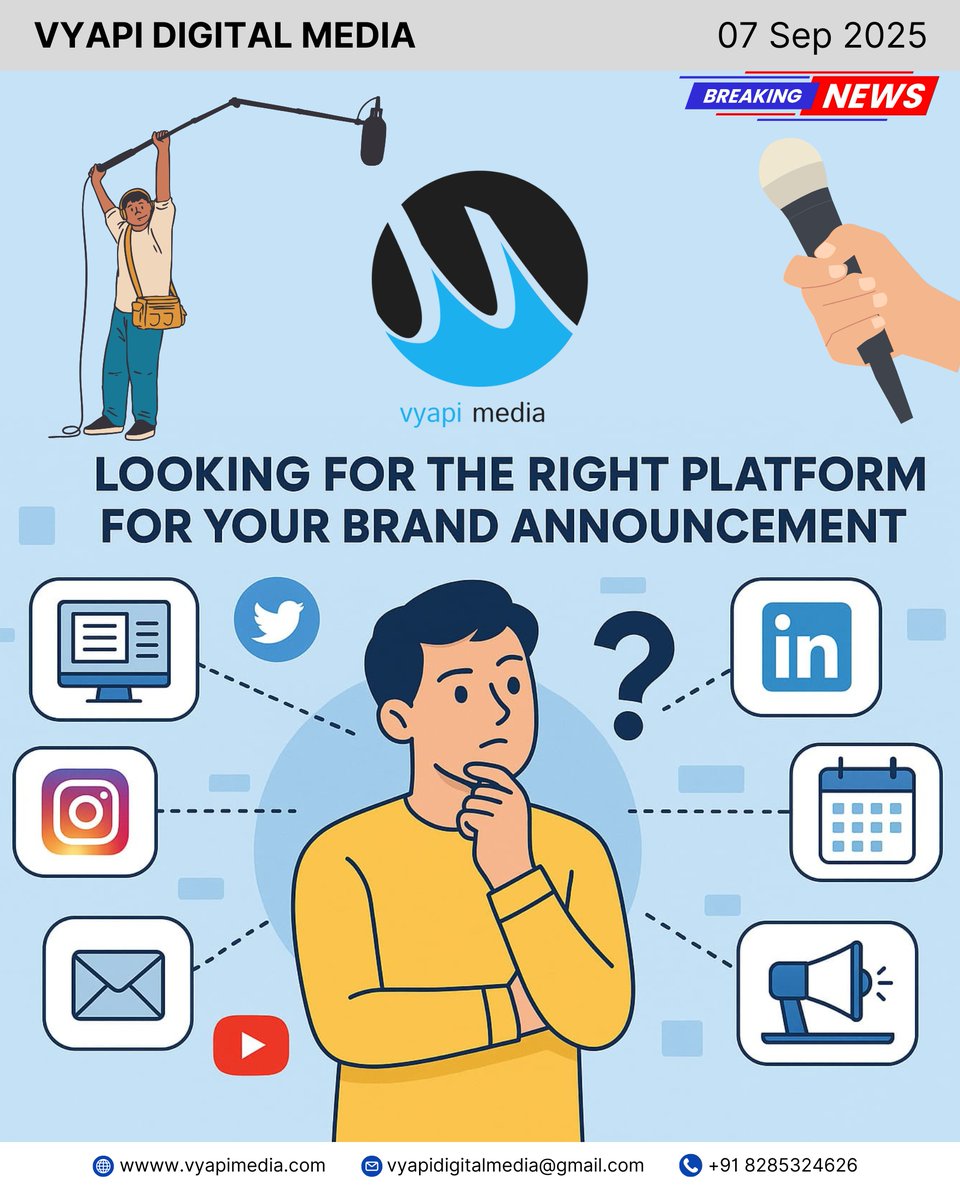 VyapiMedia's tweet image. Looking for the perfect platform to announce your brand? 🎤📢
At Vyapi Digital Media, we help you choose the right stage — to make your message loud, clear, and impactful. 🚀
👉Let your brand story reach the right audience at the right time!
#BrandAnnouncement #VyapiDigitalMedia