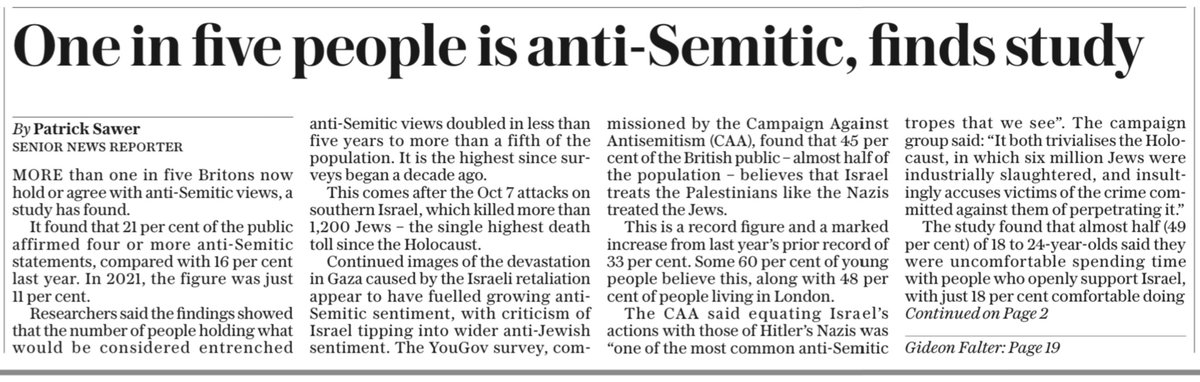 One in five Brits is now anti-Semitic. One in five.

Congratulations to the BBC, Sky, Channel 4 and other media who've helped stirred up this ancient hatred by deliberately perpetrating the lie that Israel is committing a genocide on Gaza. You know better. Shame on you all.