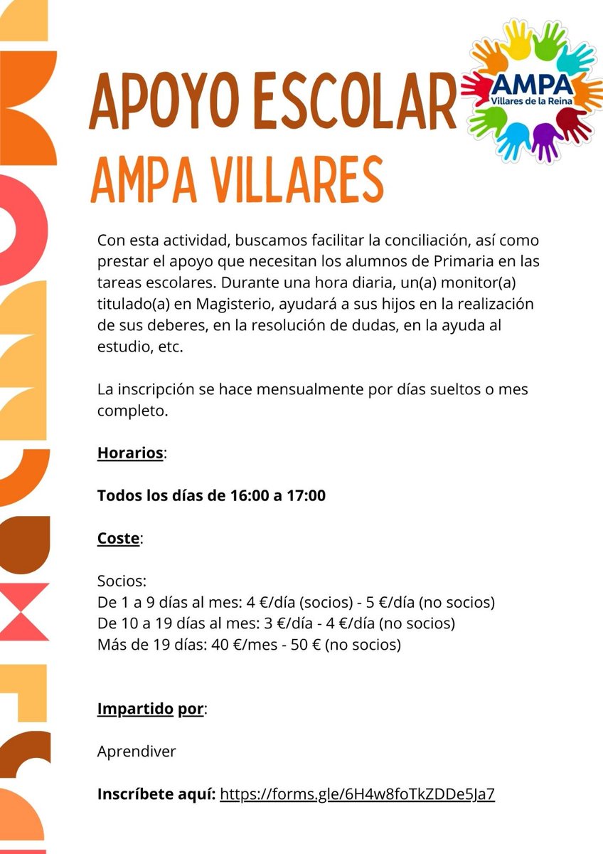 ampavillares's tweet photo. 📚¡¡¡NOVEDAD!!! APOYO ESCOLAR.

Actividad de apoyo escolar en la que monitores titulados en Magisterio ayudarán a los alumnos de Primaria en sus deberes.
Disponible toda la información en el cartel.

Para apuntarse, es necesario rellenar el link:
https://t.co/mG7CHu0Jd7 https://t.co/hN2mAvpKFW