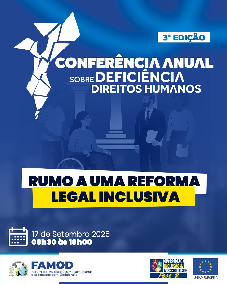 FAMOD (@famodmoz) on Twitter photo FAMOD realiza no dia 17 de Setembro de 2025 a 3ª Conferência Anual sobre Deficiência e Direitos Humanos, sob o tema “Rumo a uma Reforma Legal Inclusiva” 
<a href="/EUinMoz/">European Union in Mozambique</a> | <a href="/Sightsavers/">Sightsavers</a> | <a href="/UNICEF_Moz/">UNICEF Moçambique</a> | <a href="/WFP/">World Food Programme</a> | <a href="/NorwayInMoz/">Norway in Mozambique</a> | <a href="/FFOtweet/">FFO - Funksjonshemmedes fellesorganisasjon</a> FAMOD realiza no dia 17 de Setembro de 2025 a 3ª Conferência Anual sobre Deficiência e Direitos Humanos, sob o tema “Rumo a uma Reforma Legal Inclusiva” 
<a href="/EUinMoz/">European Union in Mozambique</a> | <a href="/Sightsavers/">Sightsavers</a> | <a href="/UNICEF_Moz/">UNICEF Moçambique</a> | <a href="/WFP/">World Food Programme</a> | <a href="/NorwayInMoz/">Norway in Mozambique</a> | <a href="/FFOtweet/">FFO - Funksjonshemmedes fellesorganisasjon</a>