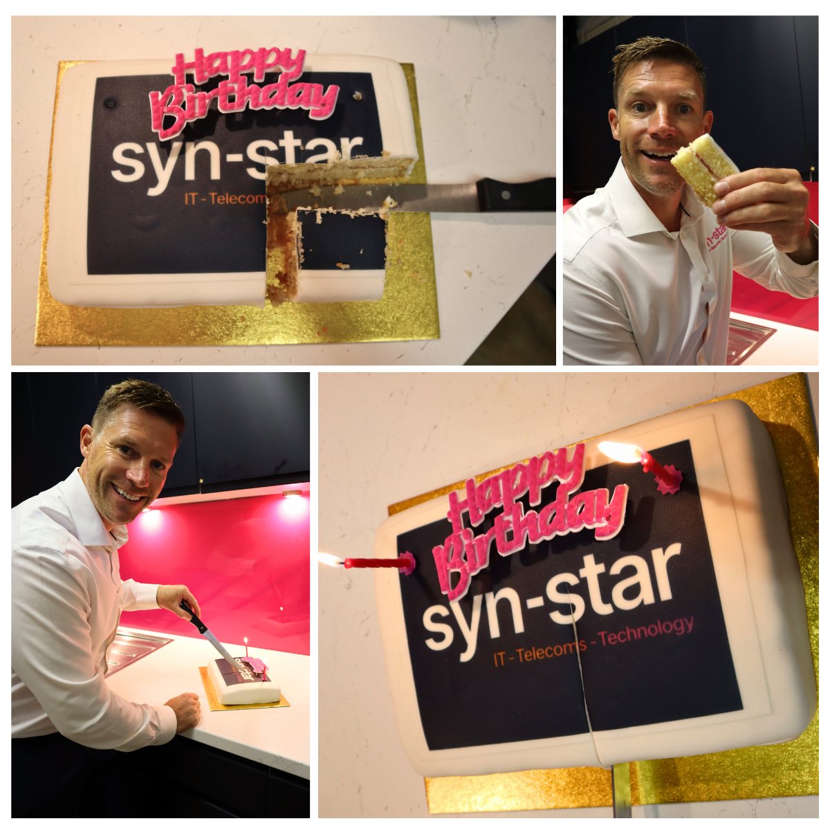 Here's a look back at Giles Cleverley cutting the birthday cake at Syn-Star. 🍰 Not sure if he was trying to avoid the icing, preserve the logo, or secretly playing a game of Tetris with those L-shaped slices. 😂

How do you cut your cake? 

#OfficeLife #Cake #Birthday #SynStar