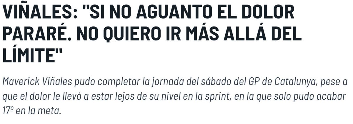 Dejo por aquí esta recomendación por si alguno quiere aprovecharla.

Viñales está recuperándose de lesión y no descartar retirarse en la carrera de hoy si no aguanta el dolor. Se paga a cuota 4 en Bwin.

#CatalanGP