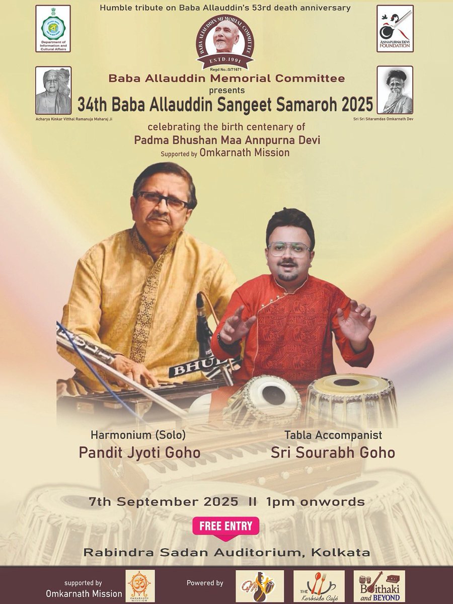 Performing with my father Pandit Jyoti Goho (Harmonium Solo) at the prestigious Baba Allauddin Khan Sangeet Samaroh at Rabindra Sadan Auditorium, Kolkata this evening from 4pm sharp. All music lovers are welcome! 

#harmonium #tabla #concert #kolkata