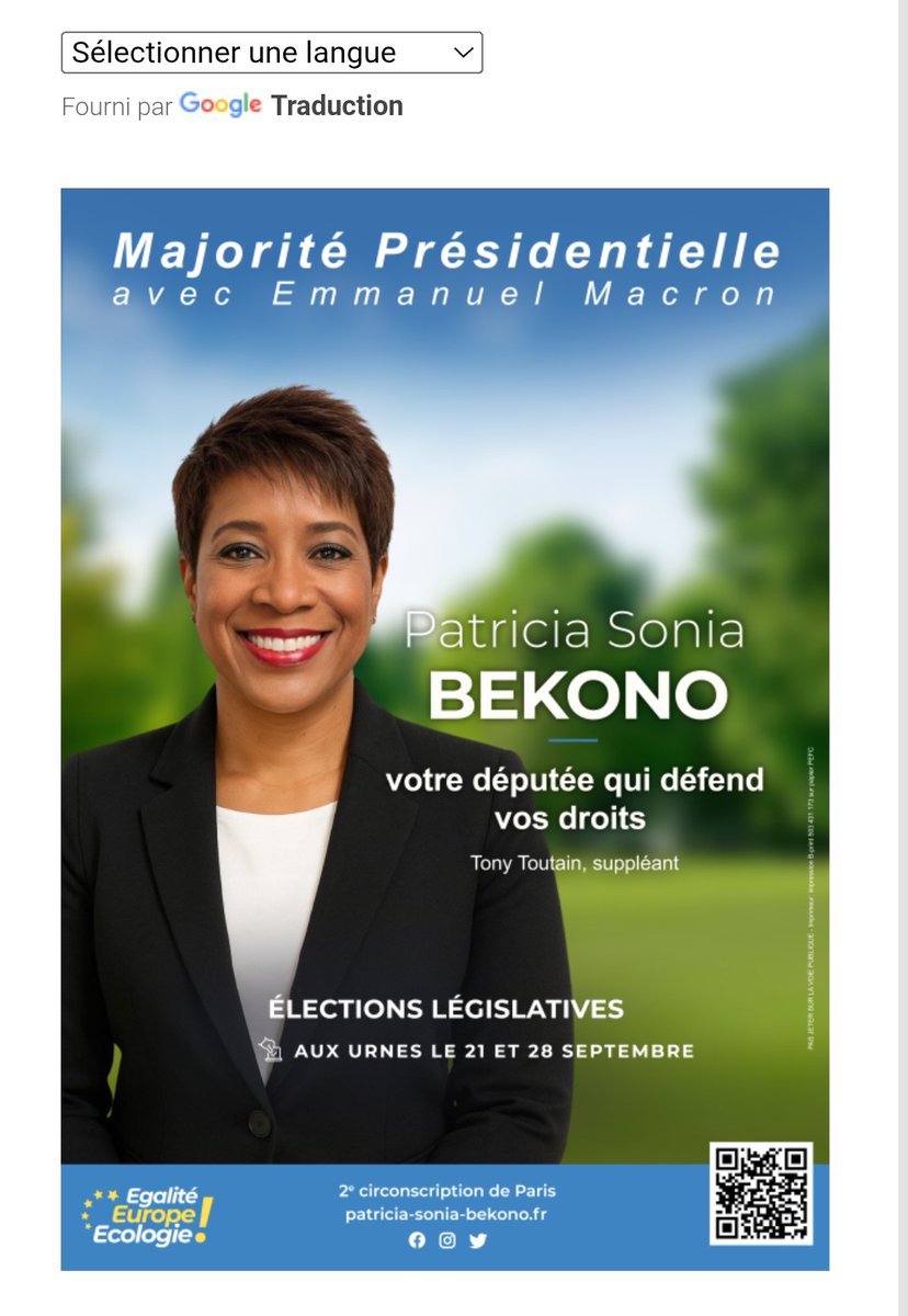 VOTEZ 𝗣𝗮𝘁𝗿𝗶𝗰𝗶𝗮 𝗦𝗼𝗻𝗶𝗮 𝗕𝗲𝗸𝗼𝗻𝗼 l'expérience. Le 21/09/2025 I Élections législatives, 2e circonscription - Paris 5e_6e_7e

𝗝𝗲 𝘀𝘂𝗶𝘀 𝗹𝗮 𝗳𝗼𝗿𝗰𝗲 𝗱𝘂 𝘁𝗲𝗿𝗿𝗮𝗶𝗻.
𝗝𝗲 𝗽𝗼𝗿𝘁𝗲 𝘃𝗼𝘀 𝗿𝗲𝗮𝗹𝗶𝘁𝗲𝘀 𝗮𝘂 𝗣𝗮𝗿𝗹𝗲𝗺𝗲𝗻𝘁.
👉🏼 patricia-sonia-bekono.fr