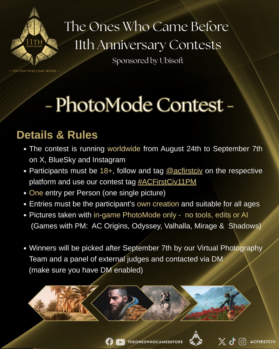 ACFirstCiv's tweet photo. Share your amazing in-game shots using Photo Mode from the Assassin's Creed series (Origins to Shadows) for a chance to win exciting prizes! 📸
⚠️ Today is the last day for submissions until 11:59 PM UK time ⚠️
🎯Tag: @ACFirstCiv
🎯Hashtag: #ACFirstCiv11PM
Details & Rules ⬇️ https://t.co/04iVx7ZcxP
