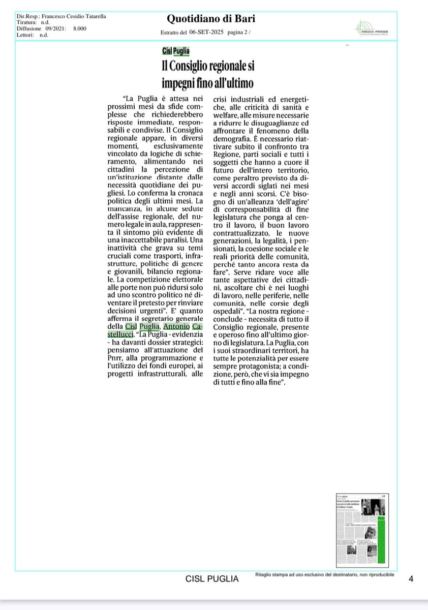 📰Rassegna stampa #CislPuglia, Intervento del Segretario generale Antonio Castellucci su La Gazzetta del Mezzogiorno, Quotidiano di Puglia, Quotidiano di Bari
