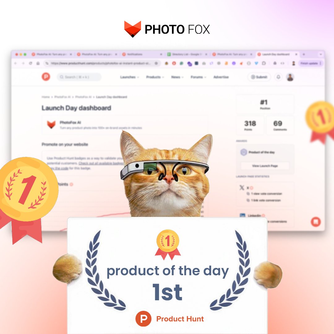 nasir_uddin01's tweet photo. Thrilled that Photofox hit #1 Product of the Day on Product Hunt! 🎉 After 6 launches, with one at #4, we finally made it to #1. Huge thanks for your votes and support—you make me proud! 🙌 #ProductHunt #Photofox #SaaS #buildinpublic  #ai #ecommerceautomation #product https://t.co/OdyzUSnCnj