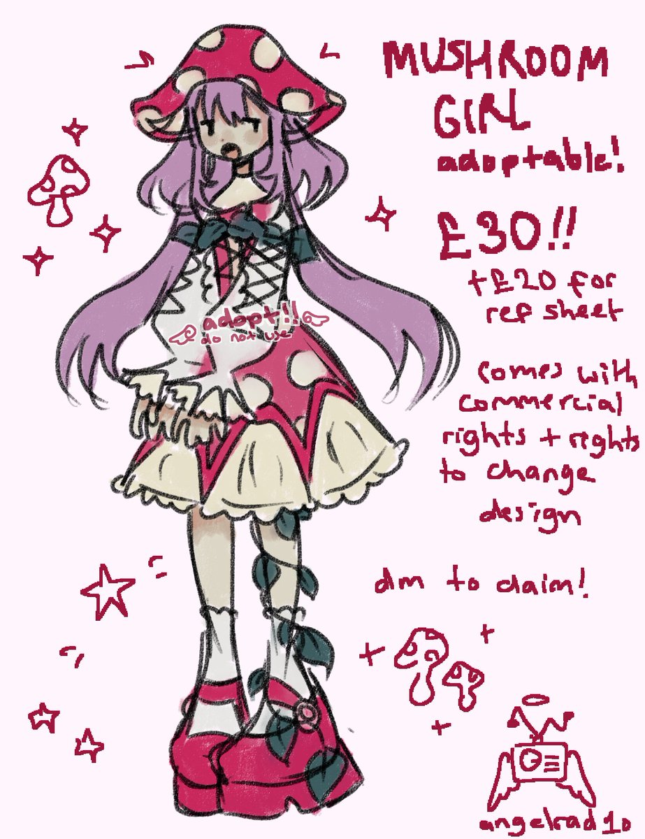 mushroom magical girl adopt!!!
price is £30, and +20 for a ref sheet :3

dm to claim, I can make changes to the design if wanted
comes with commercial rights

#artmoots rt this pls &lt;3