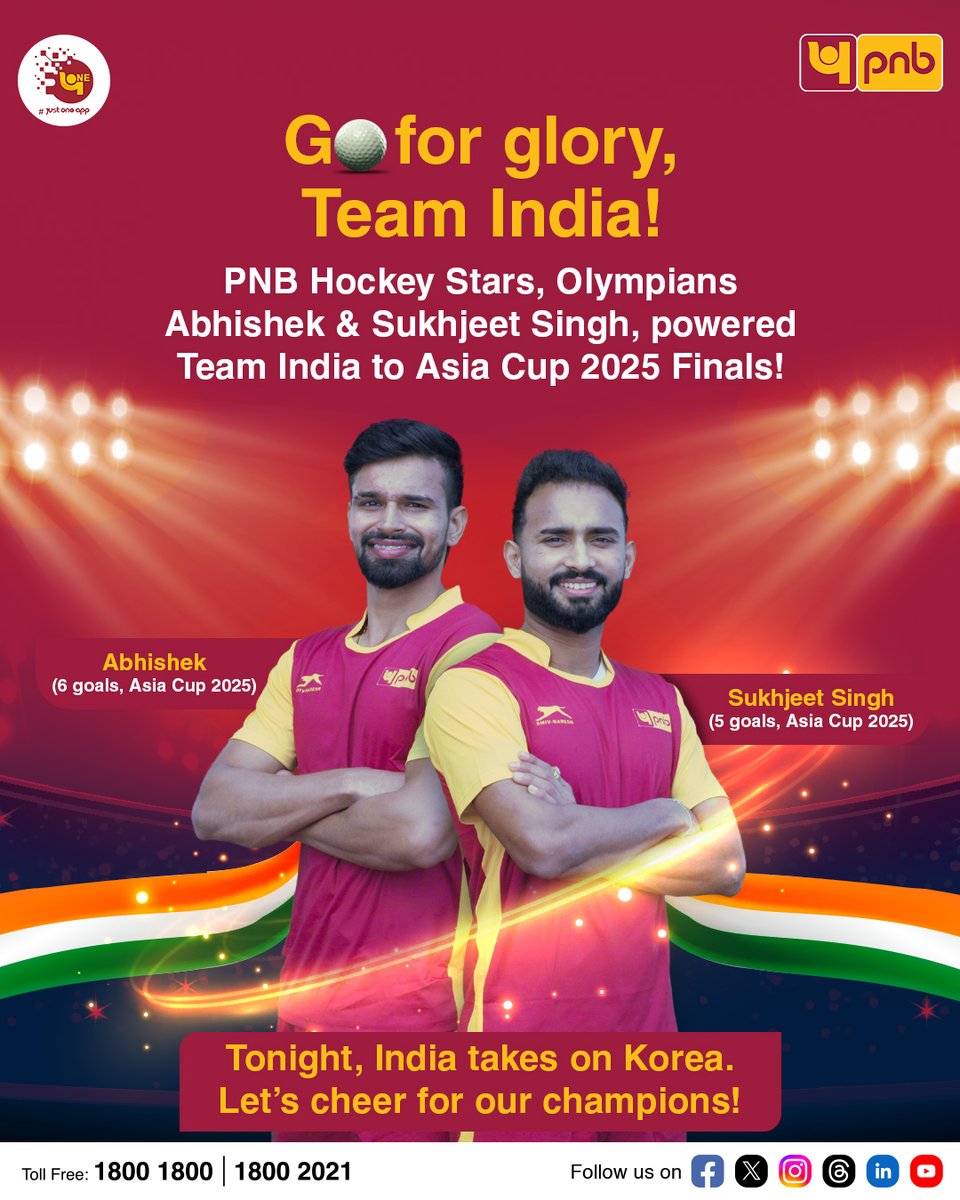pnbindia's tweet photo. Go Team India!
#PNB #GoForGlory #HeroAsiaCup2025 #AsiaCupFinals #TeamIndia #IndiaVsKorea #IndiaKaGame https://t.co/SUXVEM25Zu