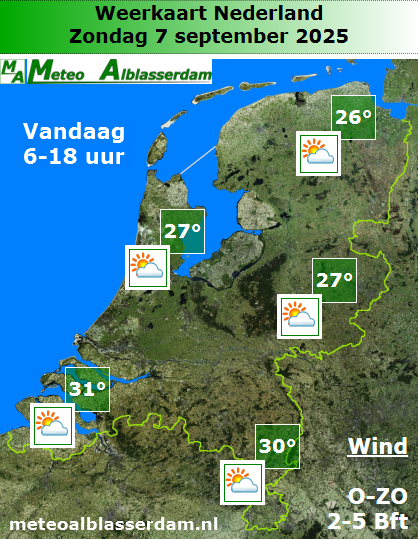 Dit weekeinde is het heerlijk nazomerweer en de temperatuur heeft tijdelijk een stijgende lijn te pakken. Zondag schijnt de zon volop en wat betreft de maximumtemperatuur wordt het de warmste dag van deze week. In het zuiden kan het vanmiddag tot een tropische 30 graden komen. ☀️