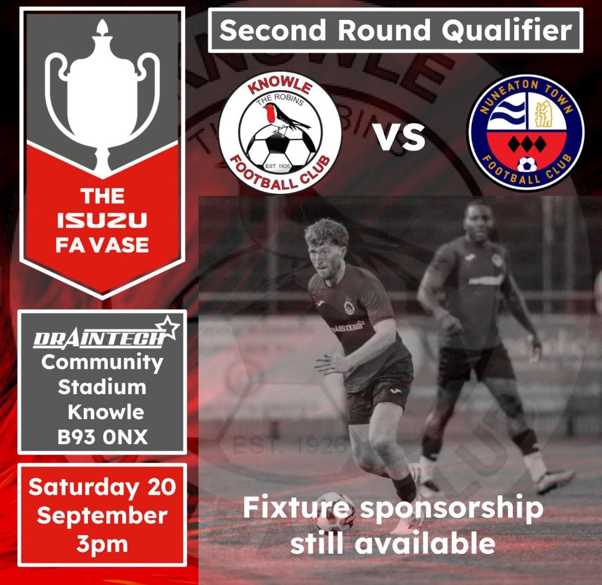 𝐊𝐧𝐨𝐰𝐥𝐞 𝐅.𝐂 (@knowle_fc) on Twitter photo ⏳ 13 days to go…
For the first time in 29 years, Knowle are in the Isuzu FA Vase Second Round Qualifier 🙌
📅 Sat 20 Sept | 3pm
📍 Hampton Road
🆚 <a href="/NuneatonTFC/">Nuneaton Town FC</a>
🎟 £7 Adults | £4 Concessions | U16s Free
👀 More info to follow…
👊 Be part of history
#UpTheRobins #Step6 ⏳ 13 days to go…
For the first time in 29 years, Knowle are in the Isuzu FA Vase Second Round Qualifier 🙌
📅 Sat 20 Sept | 3pm
📍 Hampton Road
🆚 <a href="/NuneatonTFC/">Nuneaton Town FC</a>
🎟 £7 Adults | £4 Concessions | U16s Free
👀 More info to follow…
👊 Be part of history
#UpTheRobins #Step6