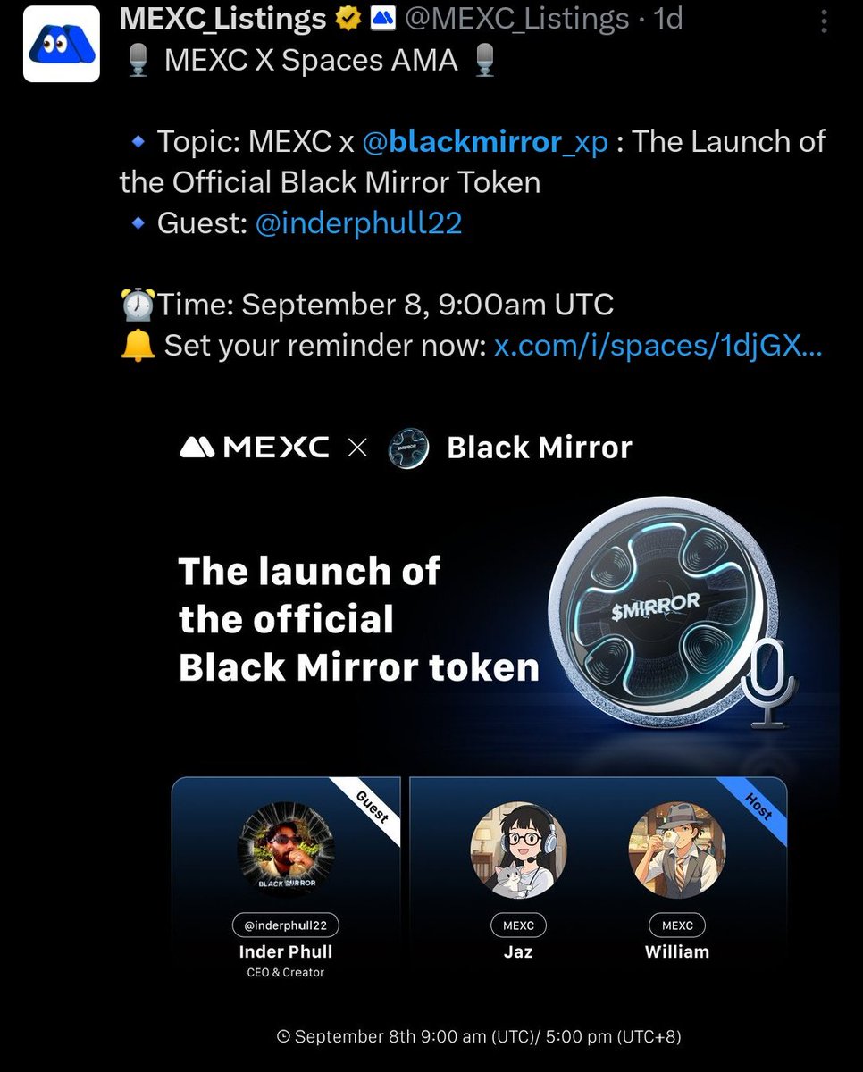 Mykel__1's tweet image. It&apos;s official, .@blackmirror_xp token $MIRROR will be listed on Sept 8th

Confirmed exchanges
• Binance Alpha
• Mexc
• Kraken

Top tier support from .@animocabrands, .@solana, .@avax,  .@KorProtocol and many more

Buzz Campaign Link
pad.chaingpt.org/pools/black-mi…

You&apos;re not bullish…