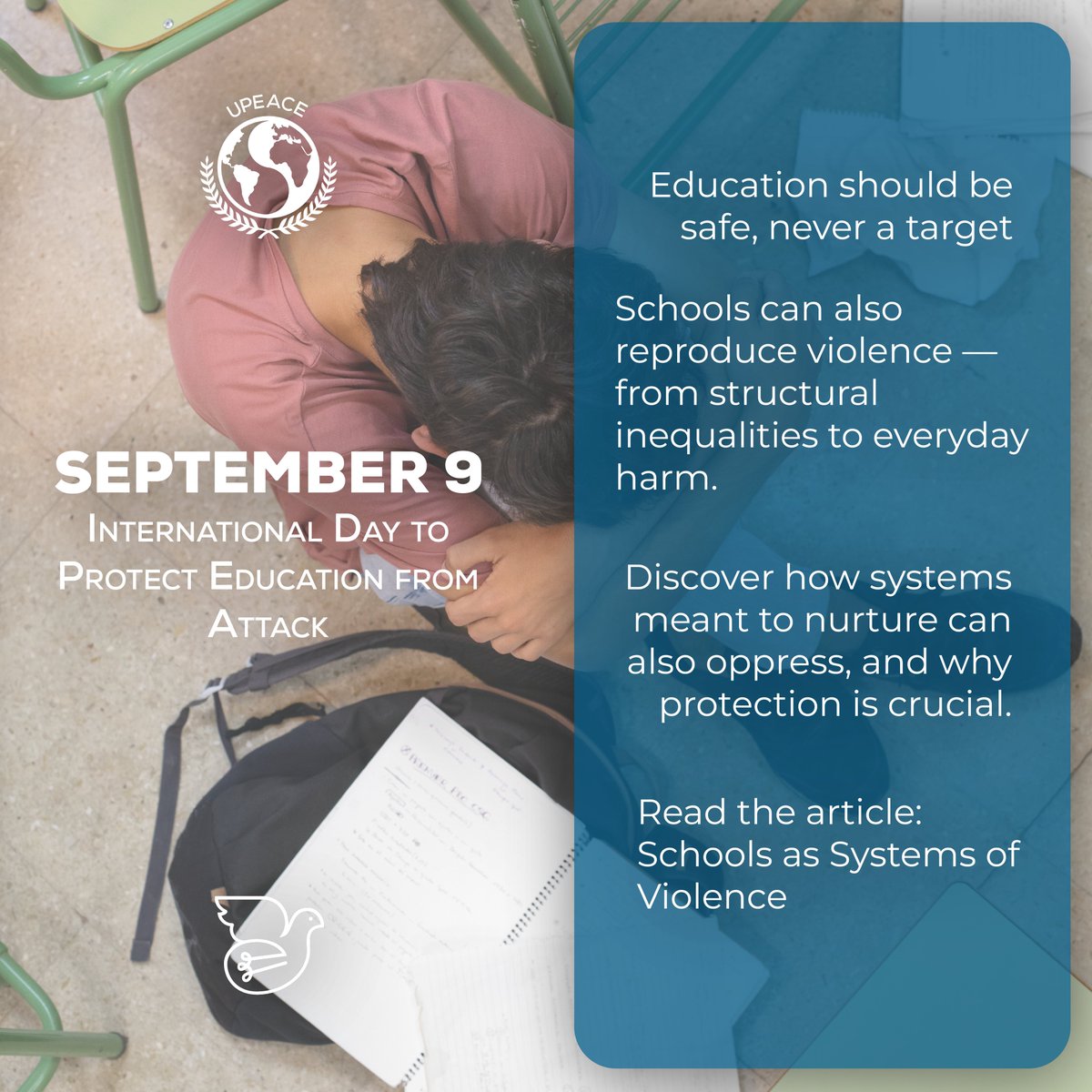 🎓 Sept 9 | International Day to #ProtectEducationFromAttack
Education must be a path to peace, not violence.

📖 Read: Schools as Systems of Violence

#IdeasforPeace #WorldWide #EducationAndPeace