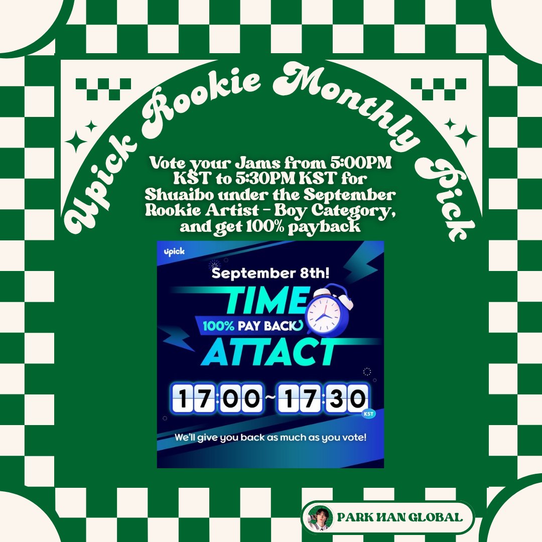 Hi Ha-dans!

Get a pay back of 100% by voting ✨

Let's aim higher for our 𝐷𝑖𝑣𝑎~ #SHUAIBO 💚

Step 1. Grind
Step 2. Hold
Step 3. Vote

App: UPICK
What: Time Attack Event
When: Sept 8, at 5:00 - 5:30 pm KST

#박한 #PARK_HAN 
#장슈아이보 
#아홉 #AHOF
<a href="/AHOF_official/">AHOF</a>