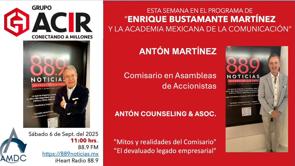 EnriqueB01's tweet image. Hoy en #MiProgramaDeRadio de la Academia Mexicana de la Comunicación, entrevisto a  Antón Martínez, Comisario en “Antón Counseling &amp;amp; Asoc.
La cápsula de IA de @jhidalgo 
Te espero a las 11:00 hrs. en el 88.9 FM o 889noticias.mx y también a través de iHeart Radio